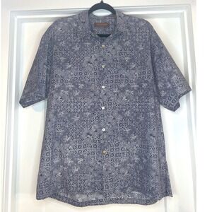 Tori Richard Honolulu Mens Large Navy Blue Geometric Cotton Lawn Aloha Shirt